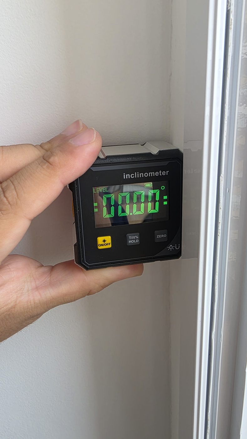 Engenheiro medindo o prumo de uma parede com inclinômetro digital